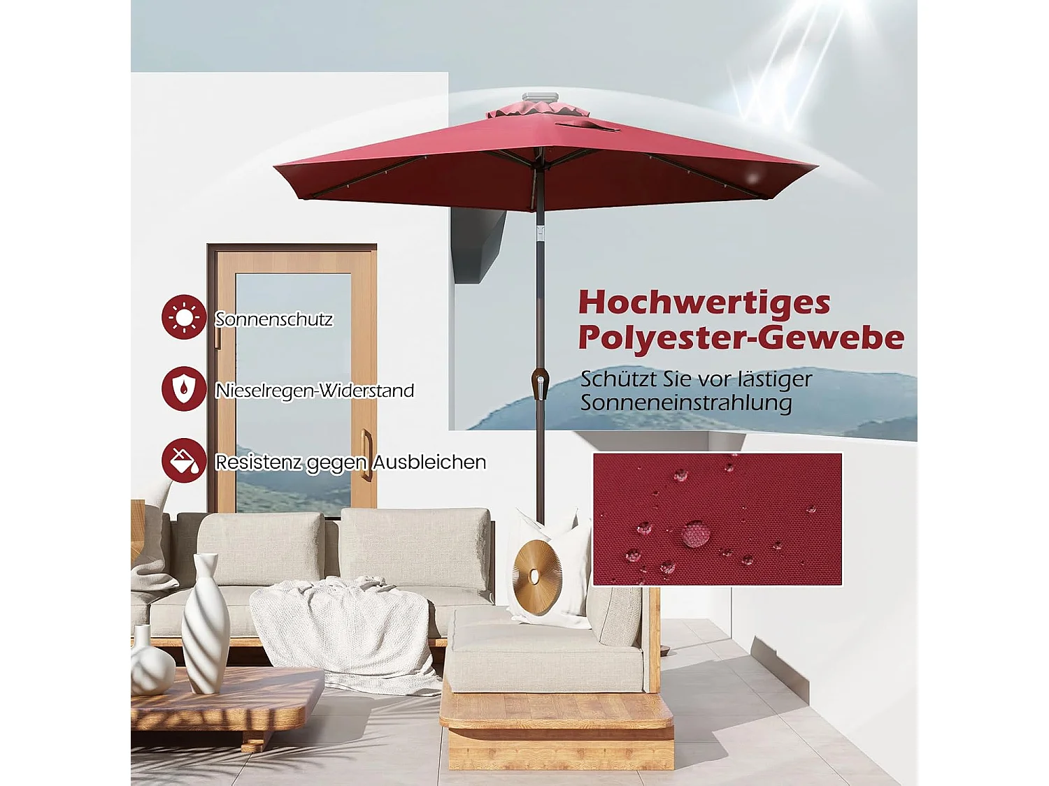 270 cm met led-verlichting, tuinparasol met zwengel, aan beide zijden 30° knikbaar, terrasparasol met 6 ribben, marktscherm voor tuin, balkon, terras, rood ZB33615