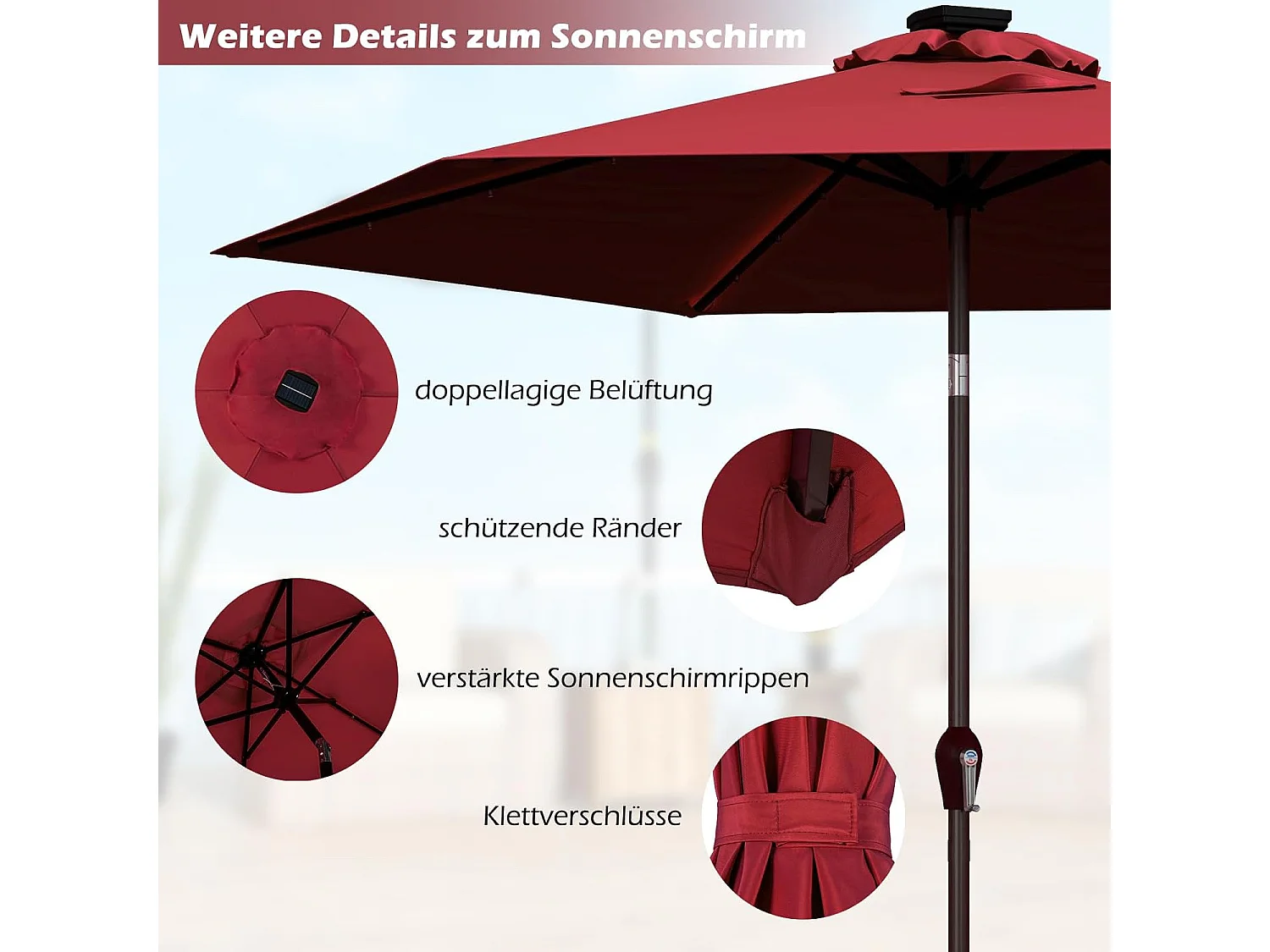 270 cm met led-verlichting, tuinparasol met zwengel, aan beide zijden 30° knikbaar, terrasparasol met 6 ribben, marktscherm voor tuin, balkon, terras, rood ZB33615