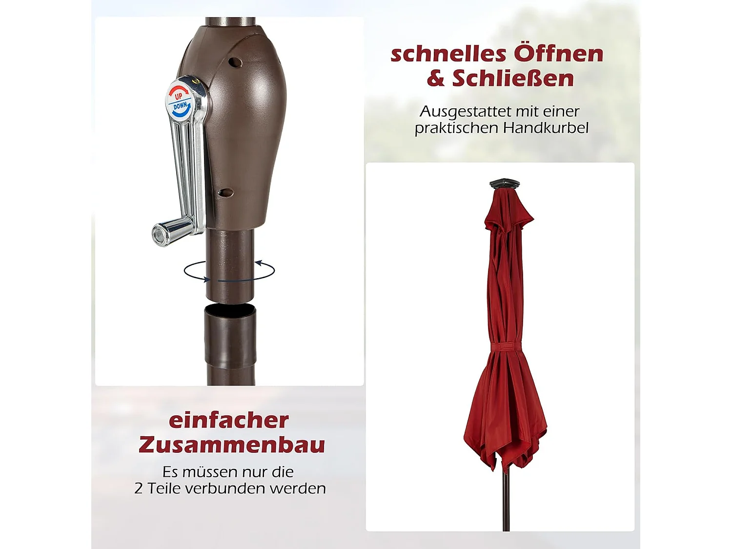 270 cm met led-verlichting, tuinparasol met zwengel, aan beide zijden 30° knikbaar, terrasparasol met 6 ribben, marktscherm voor tuin, balkon, terras, rood ZB33615