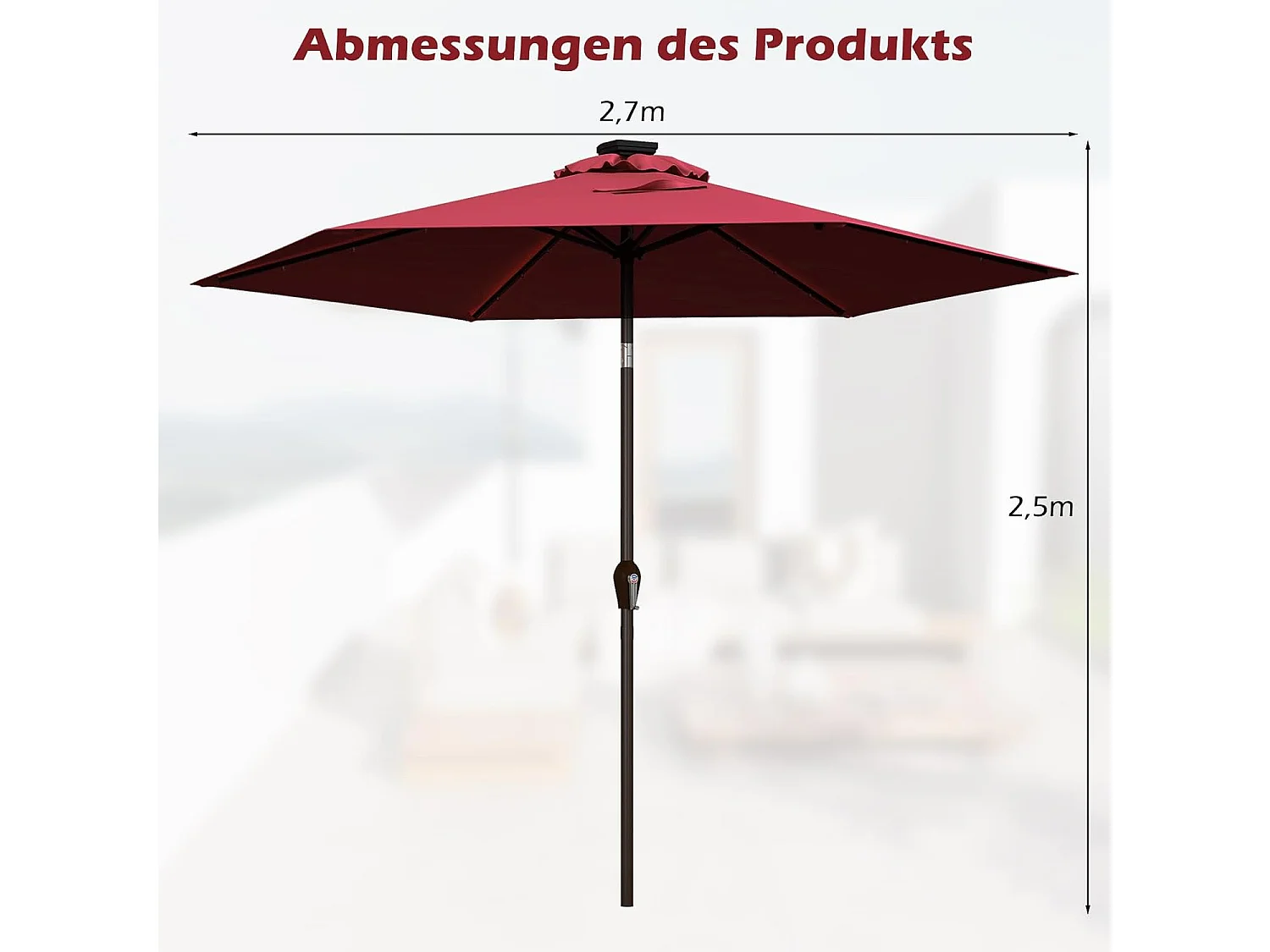270 cm met led-verlichting, tuinparasol met zwengel, aan beide zijden 30° knikbaar, terrasparasol met 6 ribben, marktscherm voor tuin, balkon, terras, rood ZB33615