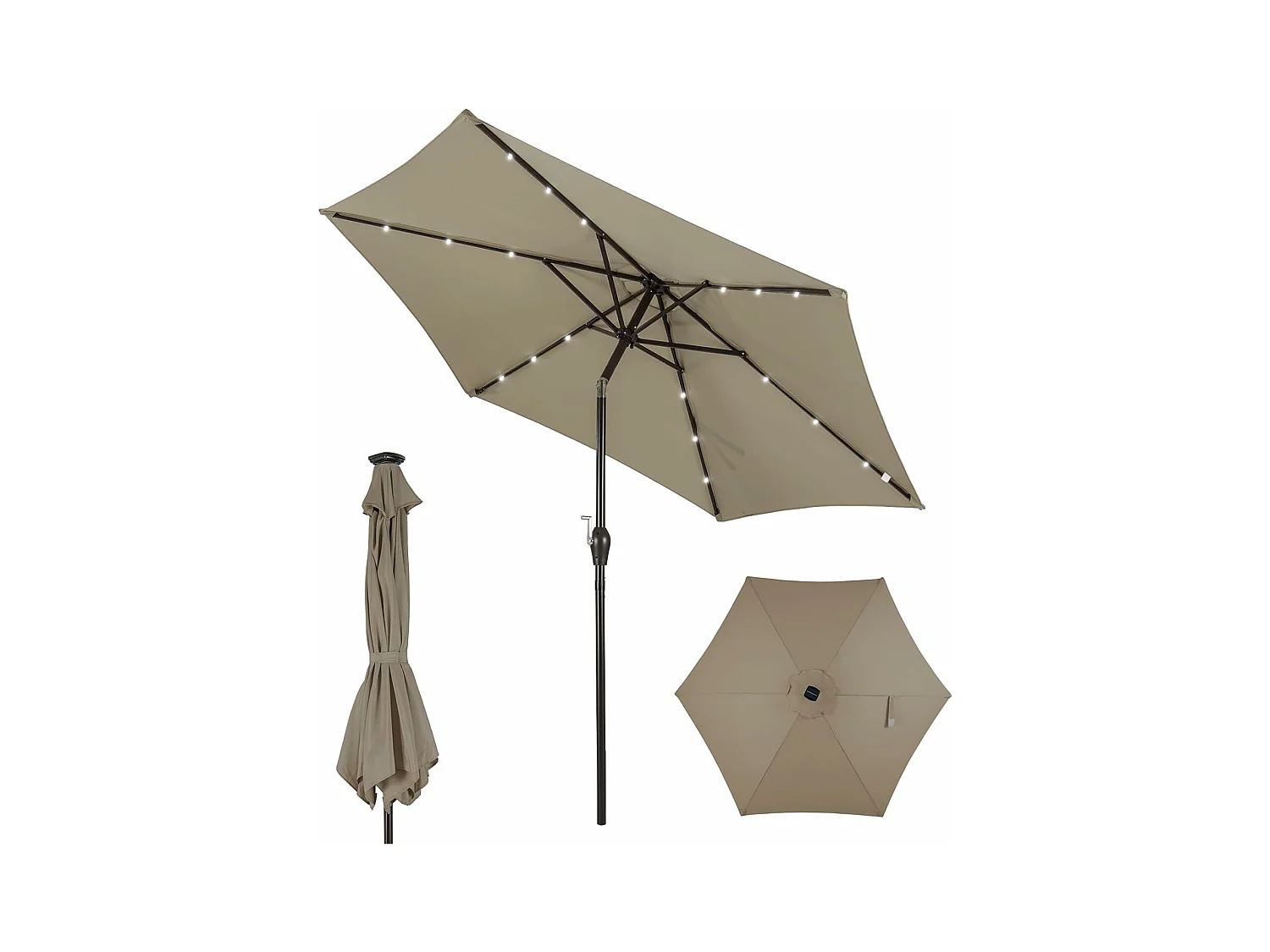 270cm LED parasol, tuinparasol, marktscherm met zonnelichting, terrasparasol zeshoek, zwengelparasol, strandscherm, zweefparasol, hangscherm, kleurkeuze ZB33615