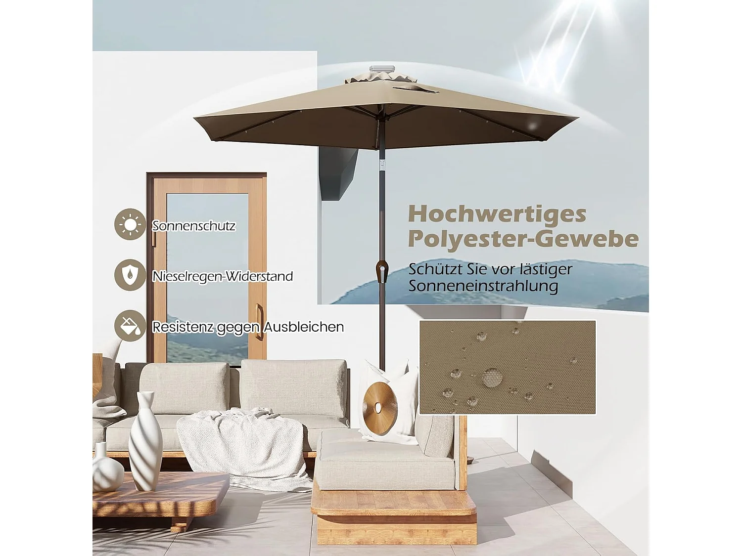 270cm LED parasol, tuinparasol, marktscherm met zonnelichting, terrasparasol zeshoek, zwengelparasol, strandscherm, zweefparasol, hangscherm, kleurkeuze ZB33615