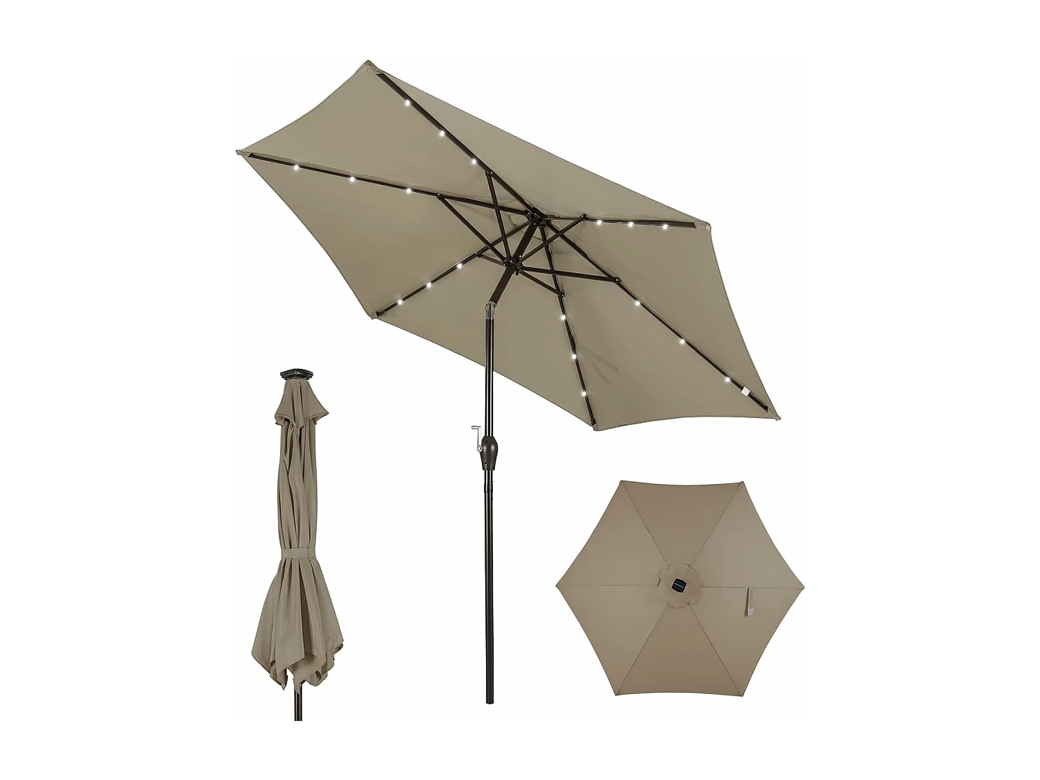 270cm LED parasol, tuinparasol, marktscherm met zonnelichting, terrasparasol zeshoek, zwengelparasol, strandscherm, zweefparasol, hangscherm, kleurkeuze ZB33615