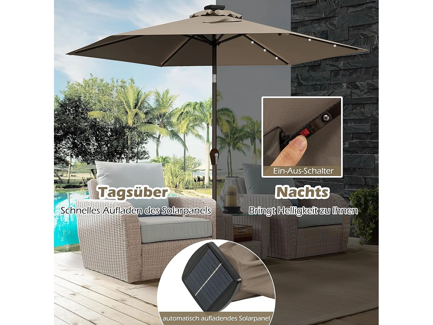 270cm LED parasol, tuinparasol, marktscherm met zonnelichting, terrasparasol zeshoek, zwengelparasol, strandscherm, zweefparasol, hangscherm, kleurkeuze ZB33615