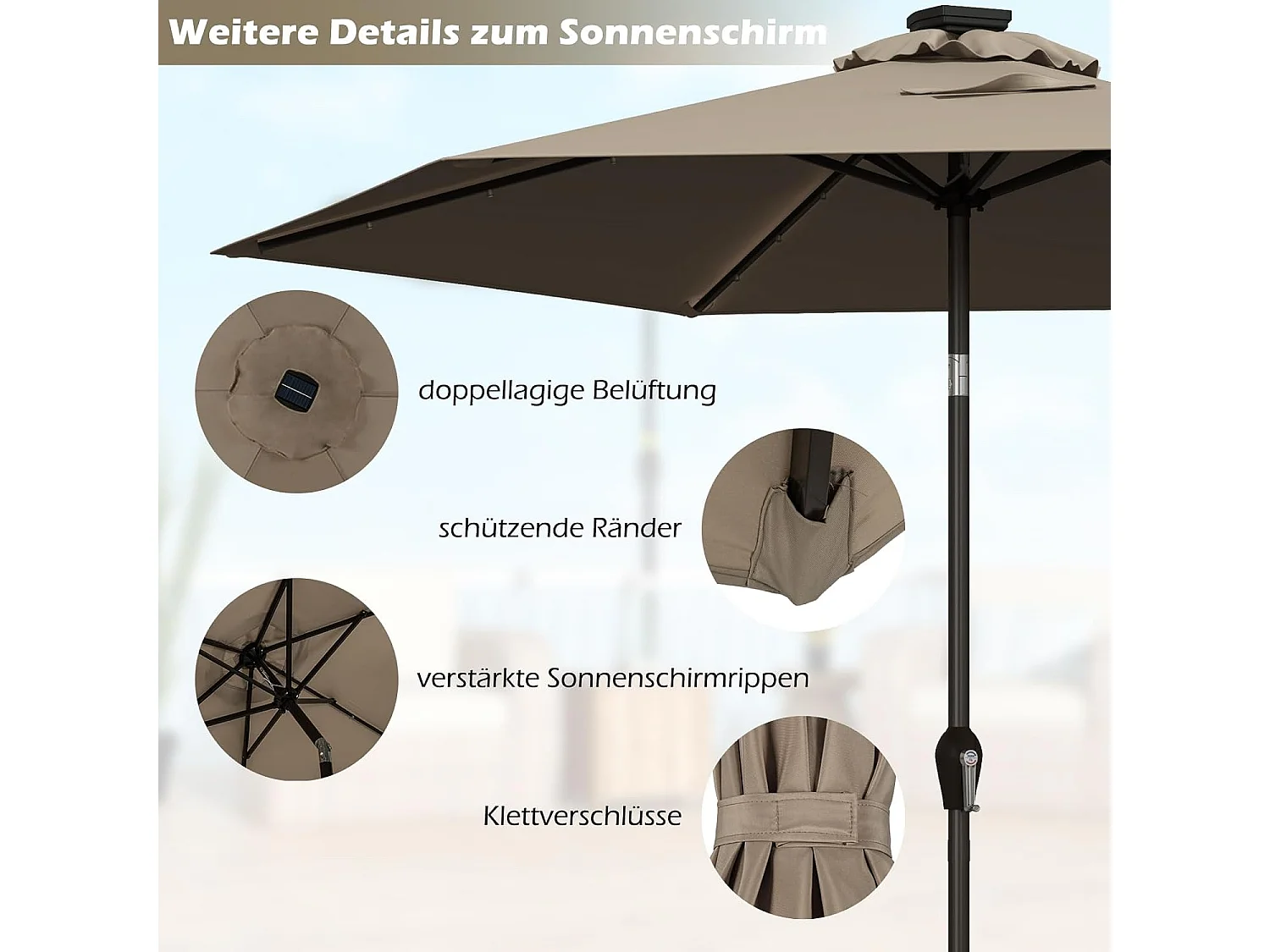 270cm LED parasol, tuinparasol, marktscherm met zonnelichting, terrasparasol zeshoek, zwengelparasol, strandscherm, zweefparasol, hangscherm, kleurkeuze ZB33615