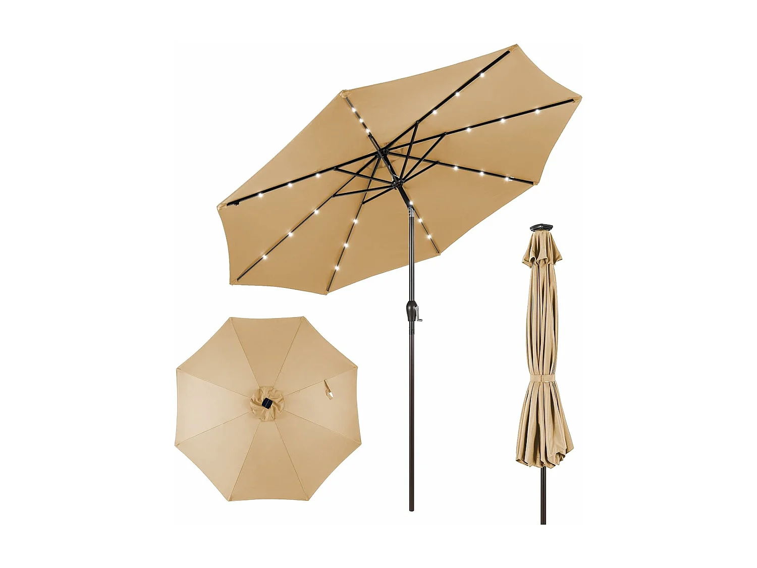 300 cm met led-verlichting, tuinparasol met zwengel, aan beide zijden 30° knikbaar, terrasparasol met 8 ribben, marktscherm voor tuin, balkon, terras, beige ZB33616