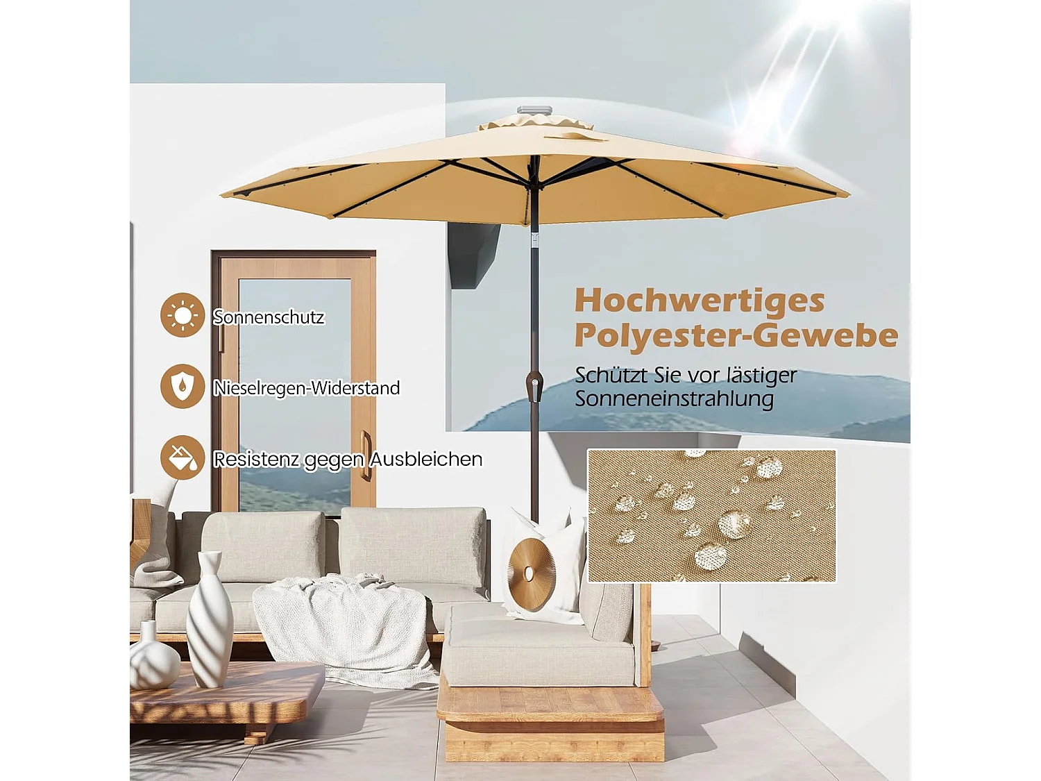 300 cm met led-verlichting, tuinparasol met zwengel, aan beide zijden 30° knikbaar, terrasparasol met 8 ribben, marktscherm voor tuin, balkon, terras, beige ZB33616