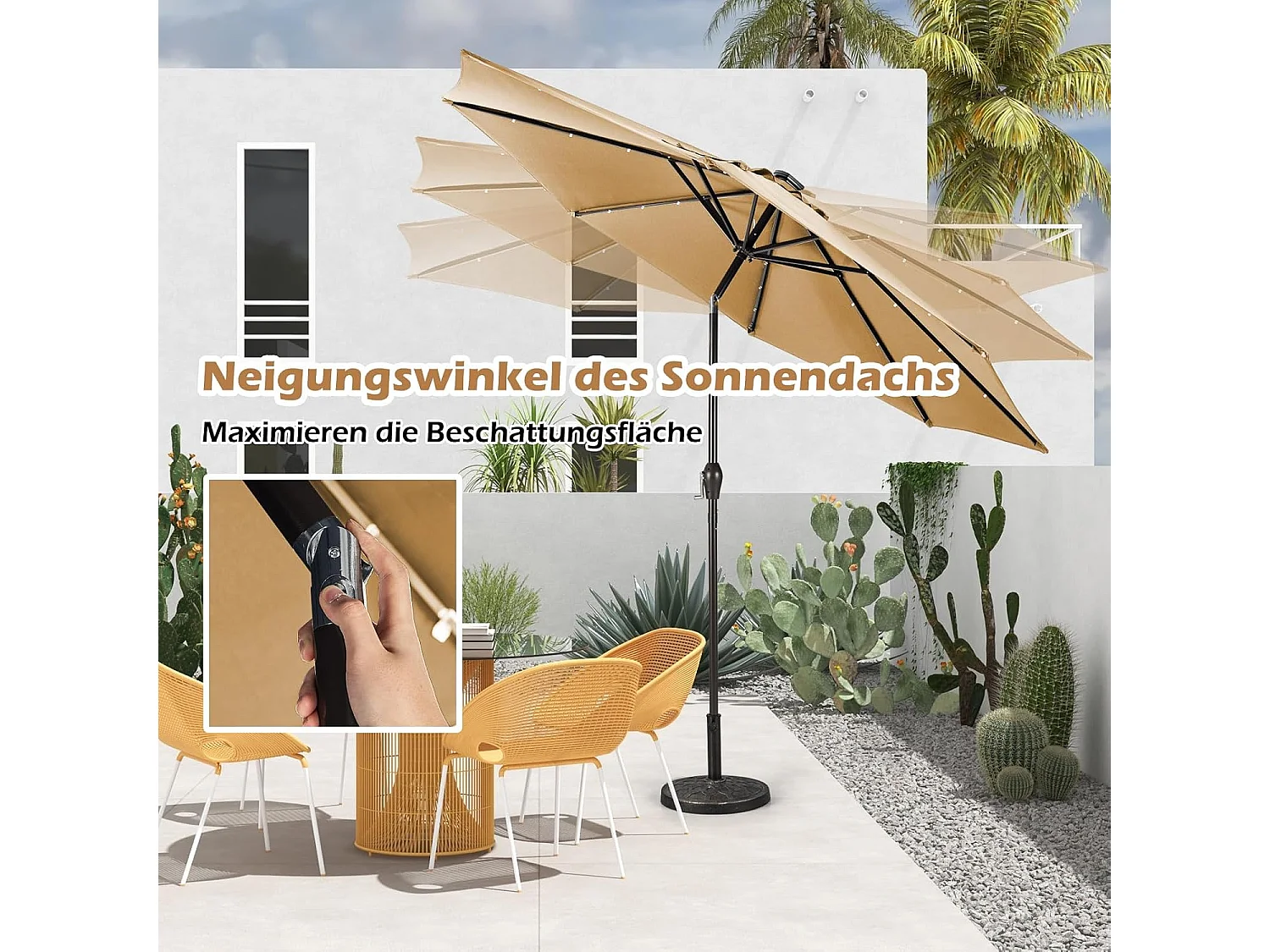 300 cm met led-verlichting, tuinparasol met zwengel, aan beide zijden 30° knikbaar, terrasparasol met 8 ribben, marktscherm voor tuin, balkon, terras, beige ZB33616