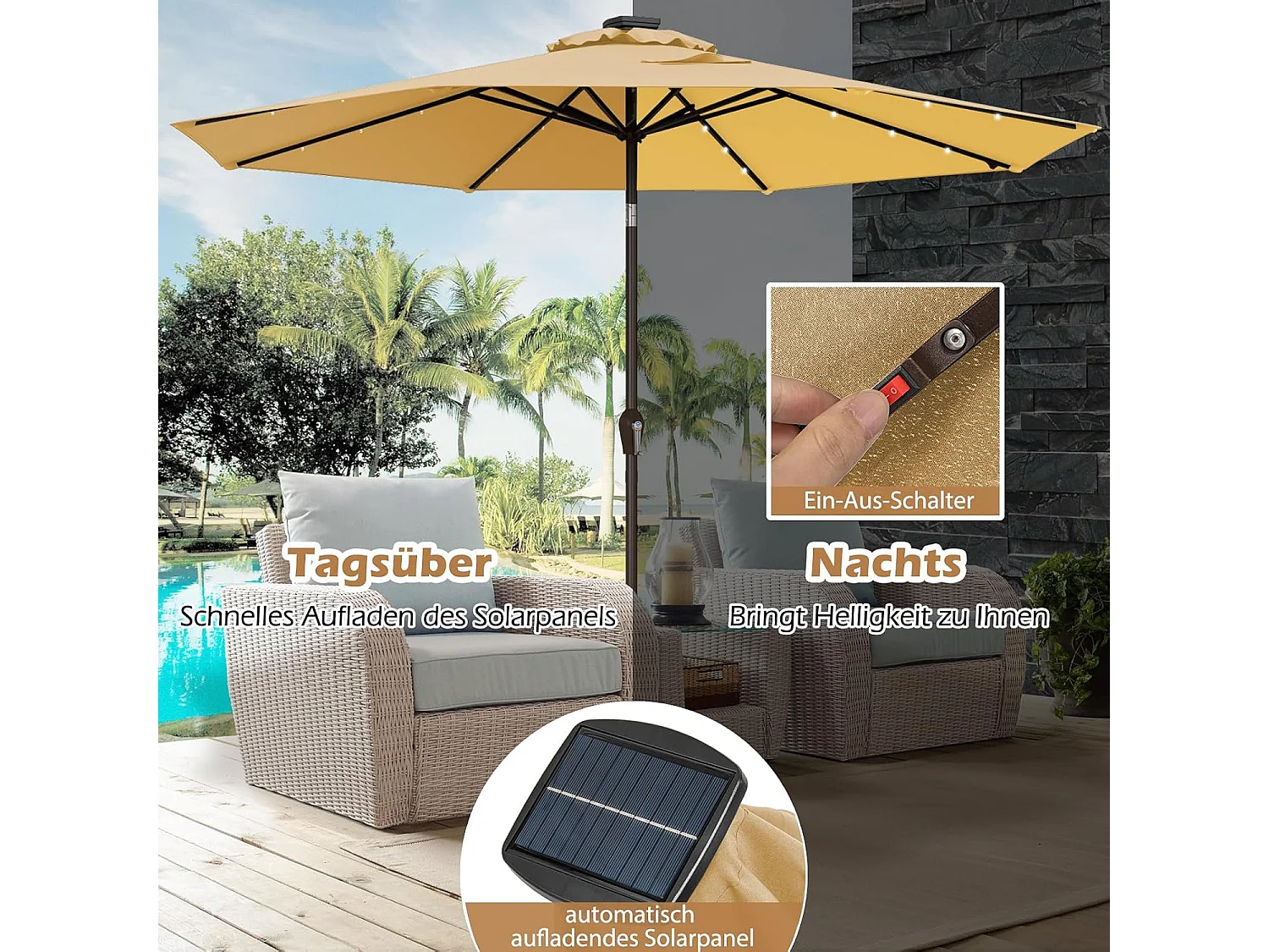 300 cm met led-verlichting, tuinparasol met zwengel, aan beide zijden 30° knikbaar, terrasparasol met 8 ribben, marktscherm voor tuin, balkon, terras, beige ZB33616