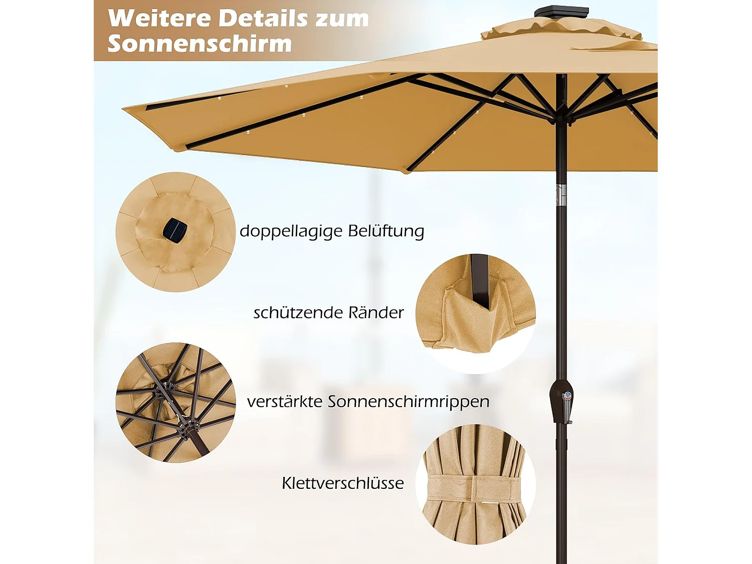 300 cm met led-verlichting, tuinparasol met zwengel, aan beide zijden 30° knikbaar, terrasparasol met 8 ribben, marktscherm voor tuin, balkon, terras, beige ZB33616