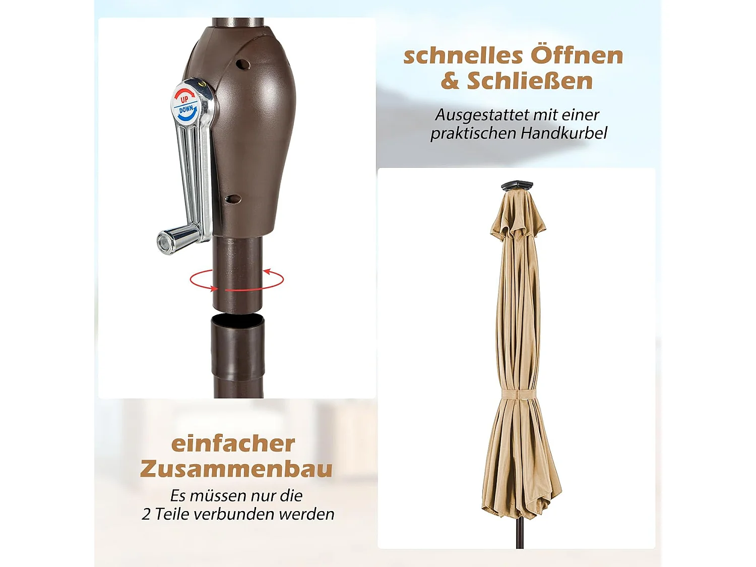 300 cm met led-verlichting, tuinparasol met zwengel, aan beide zijden 30° knikbaar, terrasparasol met 8 ribben, marktscherm voor tuin, balkon, terras, beige ZB33616