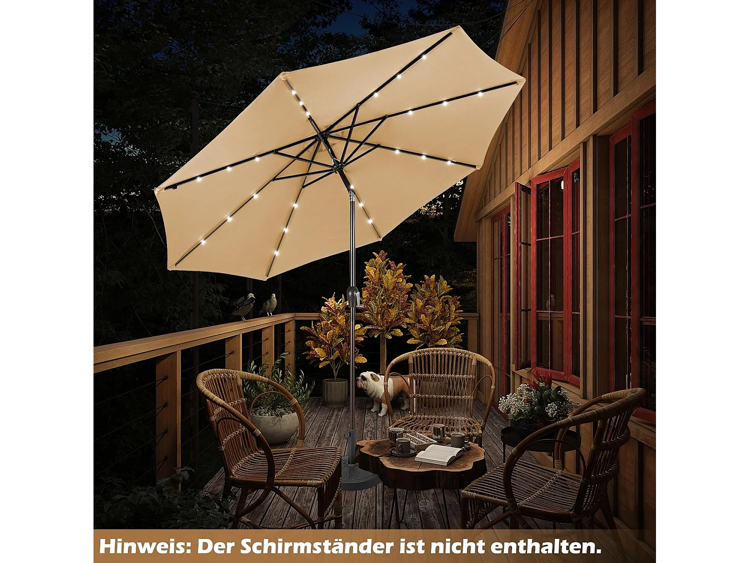 300 cm met led-verlichting, tuinparasol met zwengel, aan beide zijden 30° knikbaar, terrasparasol met 8 ribben, marktscherm voor tuin, balkon, terras, beige ZB33616