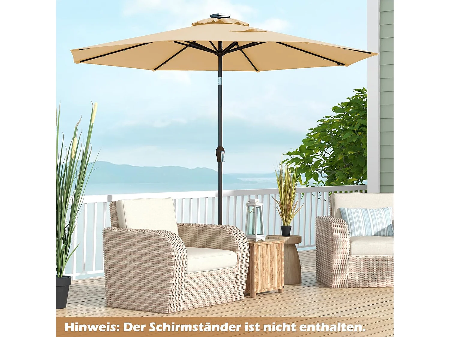 300 cm met led-verlichting, tuinparasol met zwengel, aan beide zijden 30° knikbaar, terrasparasol met 8 ribben, marktscherm voor tuin, balkon, terras, beige ZB33616