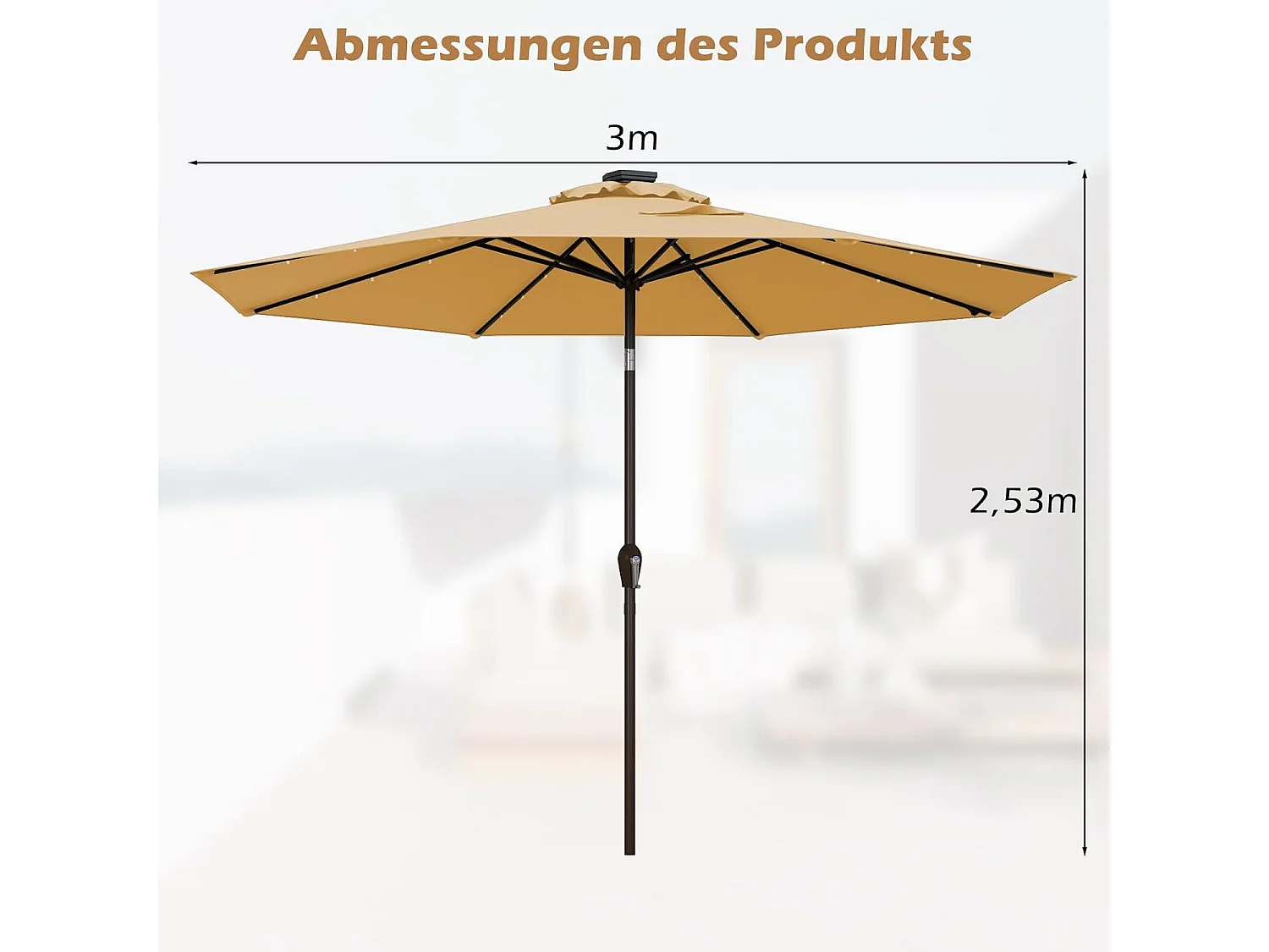 300 cm met led-verlichting, tuinparasol met zwengel, aan beide zijden 30° knikbaar, terrasparasol met 8 ribben, marktscherm voor tuin, balkon, terras, beige ZB33616