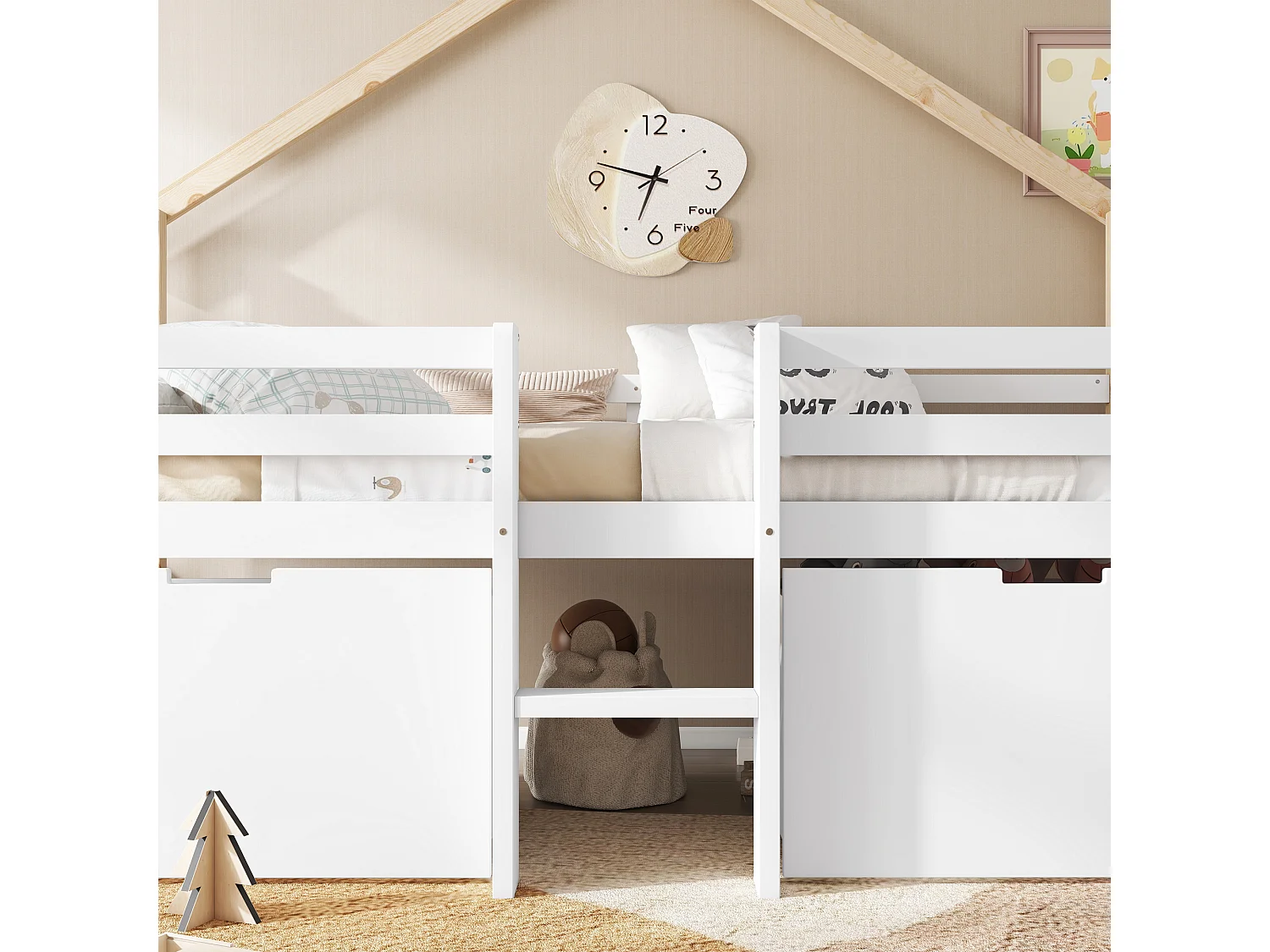 Houten hoogslaper 90x200 cm - met 2 opberglades - massief hout + MDF - wit + naturel