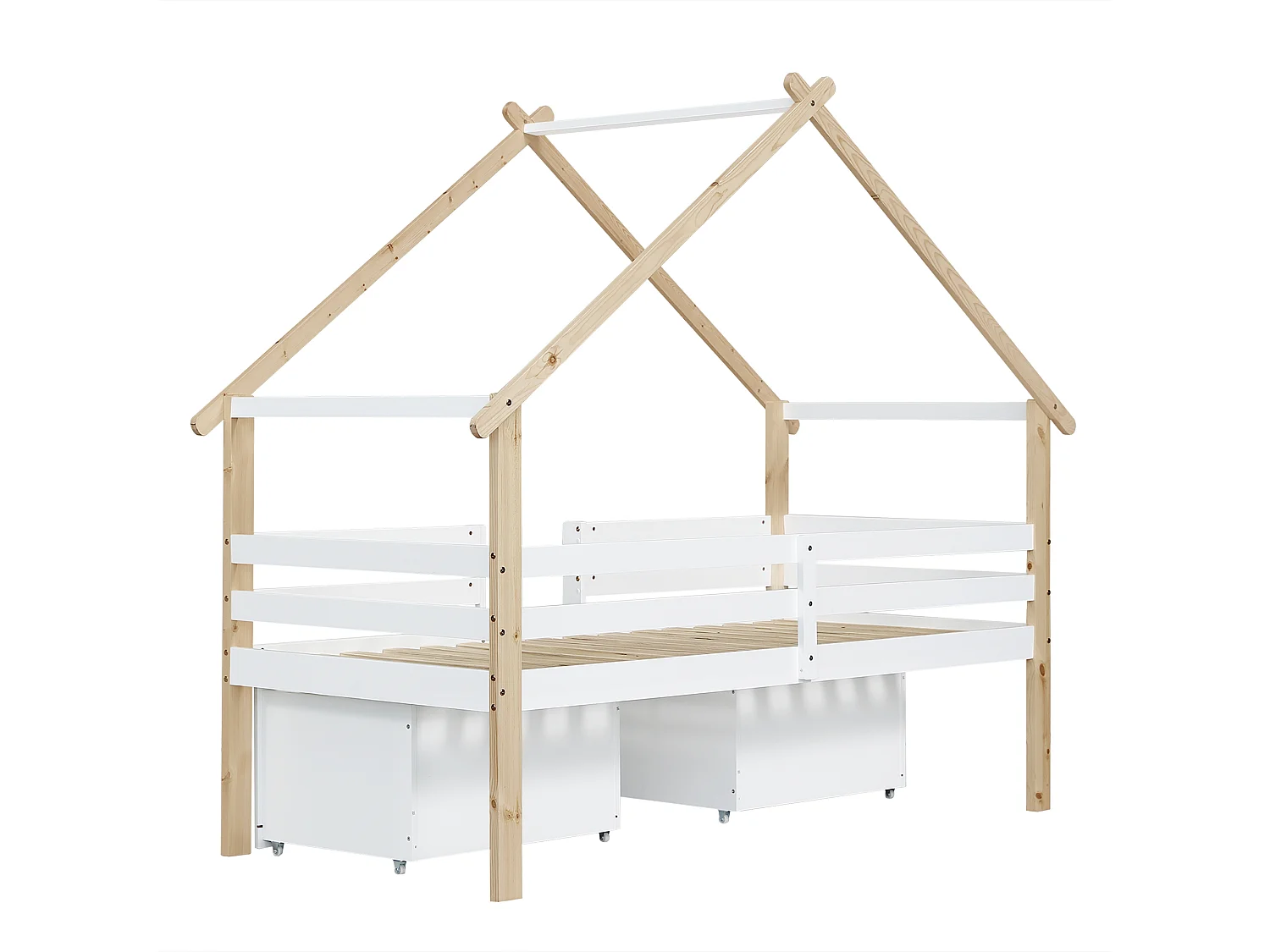 Houten hoogslaper 90x200 cm - met 2 opberglades - massief hout + MDF - wit + naturel