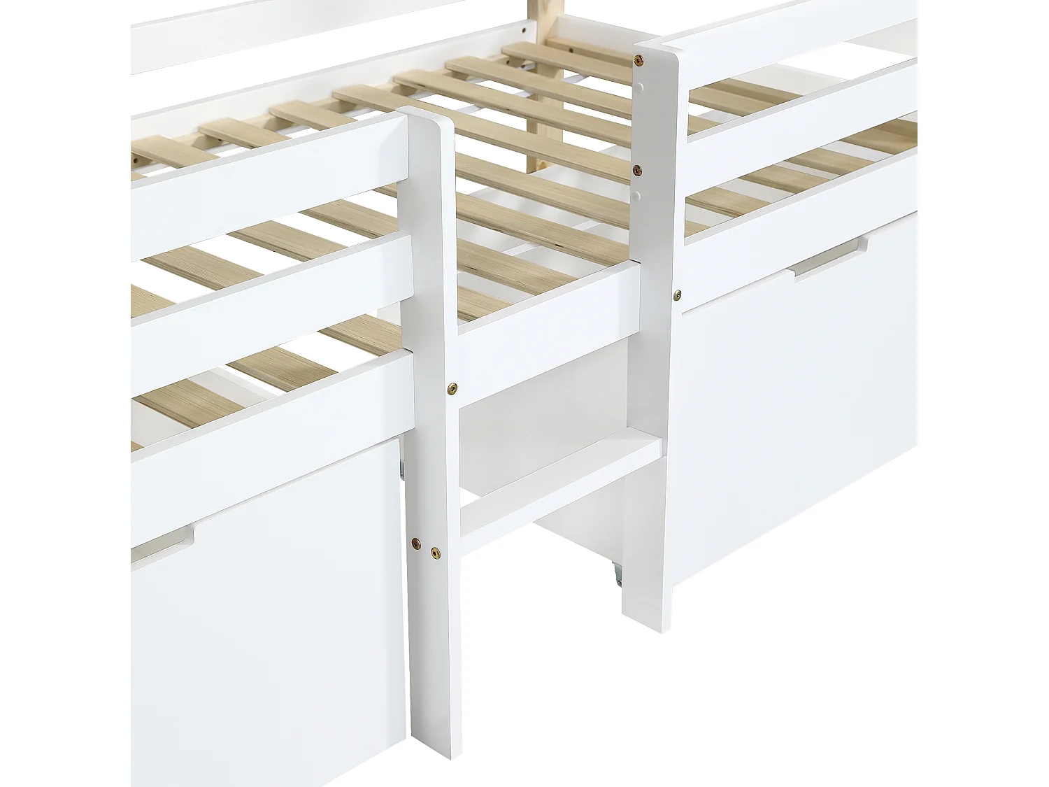 Houten hoogslaper 90x200 cm - met 2 opberglades - massief hout + MDF - wit + naturel