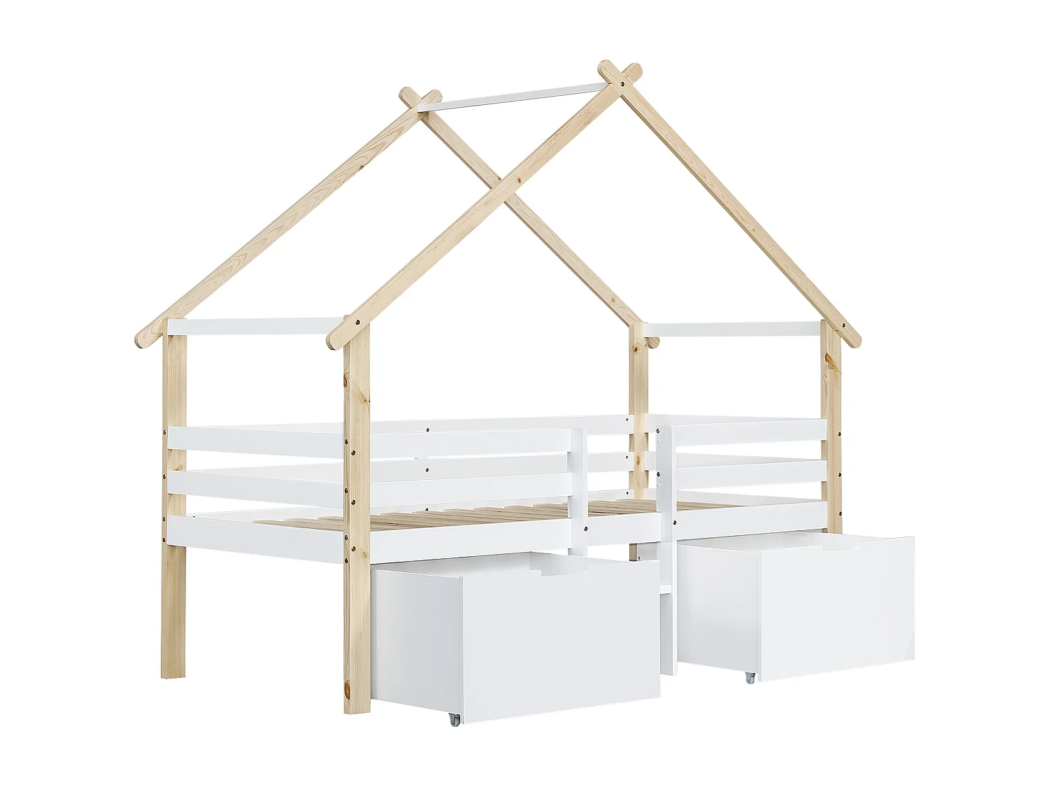 Lit mezzanine en bois 90x200cm - avec 2 tiroirs de rangement - bois massif + MDF - Blanc + Naturel