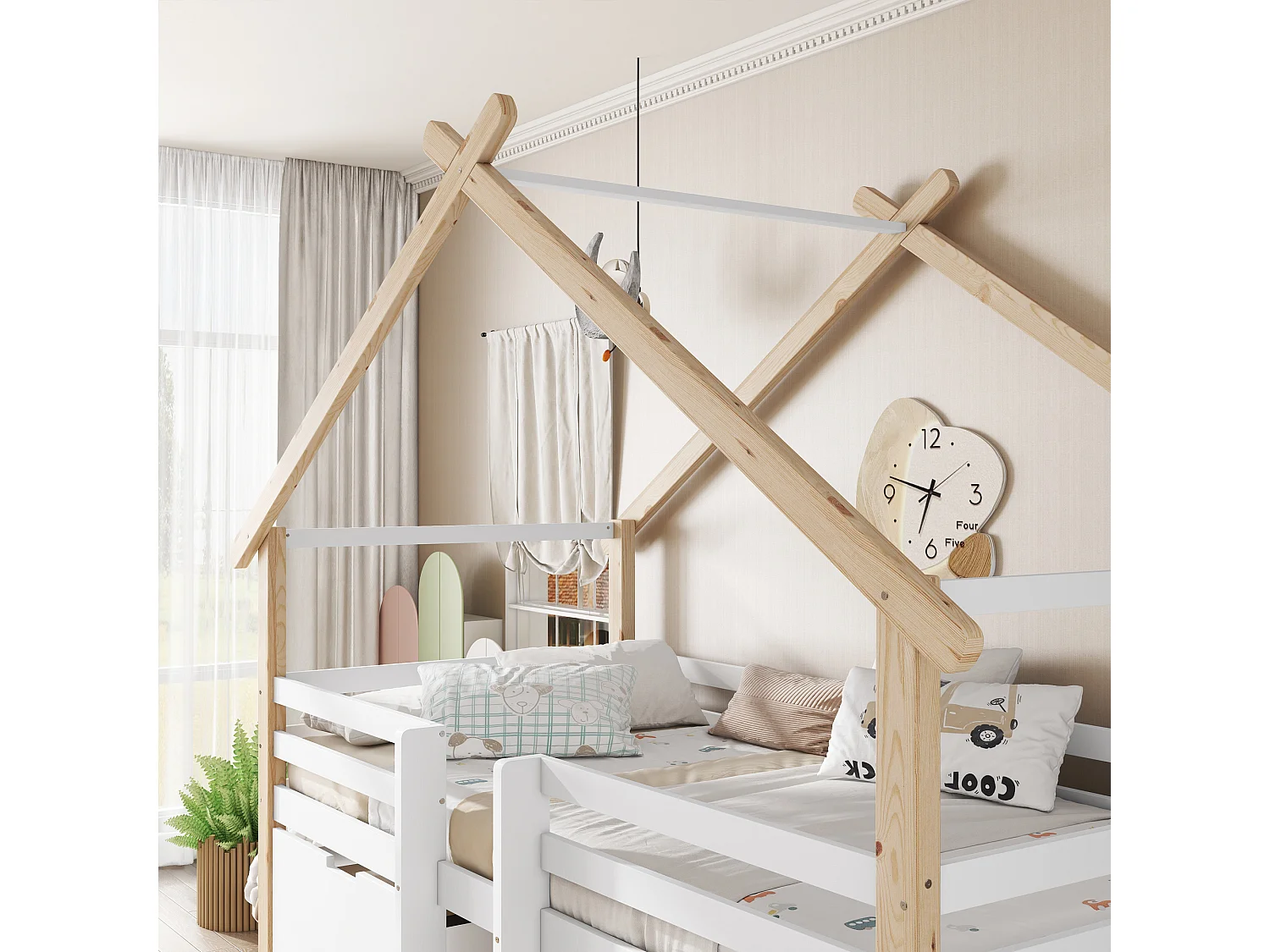 Lit mezzanine en bois 90x200cm - avec 2 tiroirs de rangement - bois massif + MDF - Blanc + Naturel