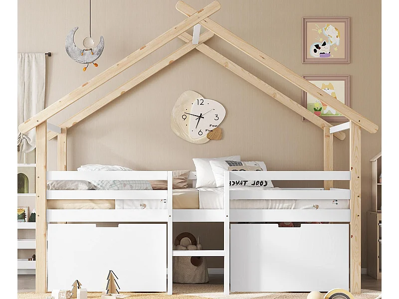 Hochbett aus Holz 90x200 cm - mit 2 Schubladen - Massivholz + MDF - weiß + natur