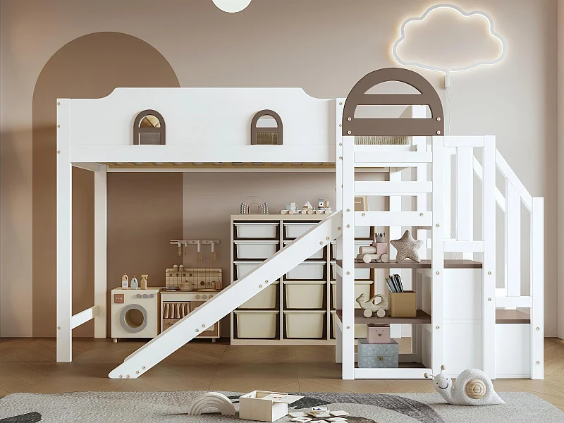 Lit mezzanine 90x200cm - avec fenêtre - avec toboggan - escalier avec rampe - bois massif + MDF - blanc + marron