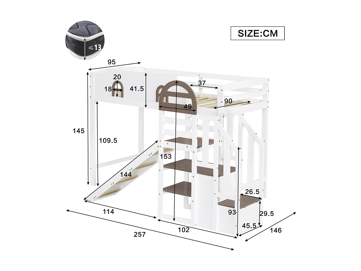 Lit mezzanine 90x200cm - avec fenêtre - avec toboggan - escalier avec rampe - bois massif + MDF - blanc + marron