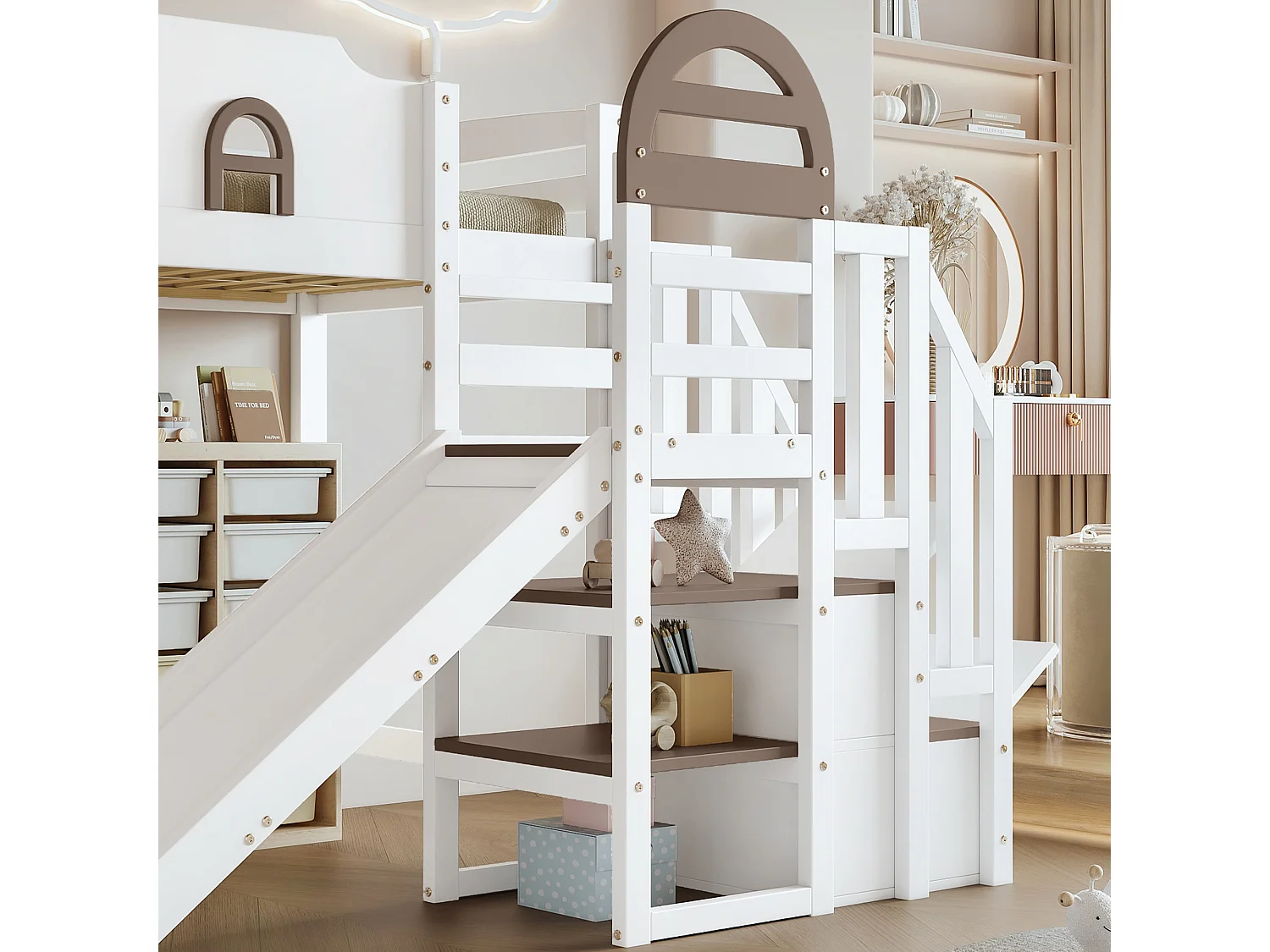 Lit mezzanine 90x200cm - avec fenêtre - avec toboggan - escalier avec rampe - bois massif + MDF - blanc + marron