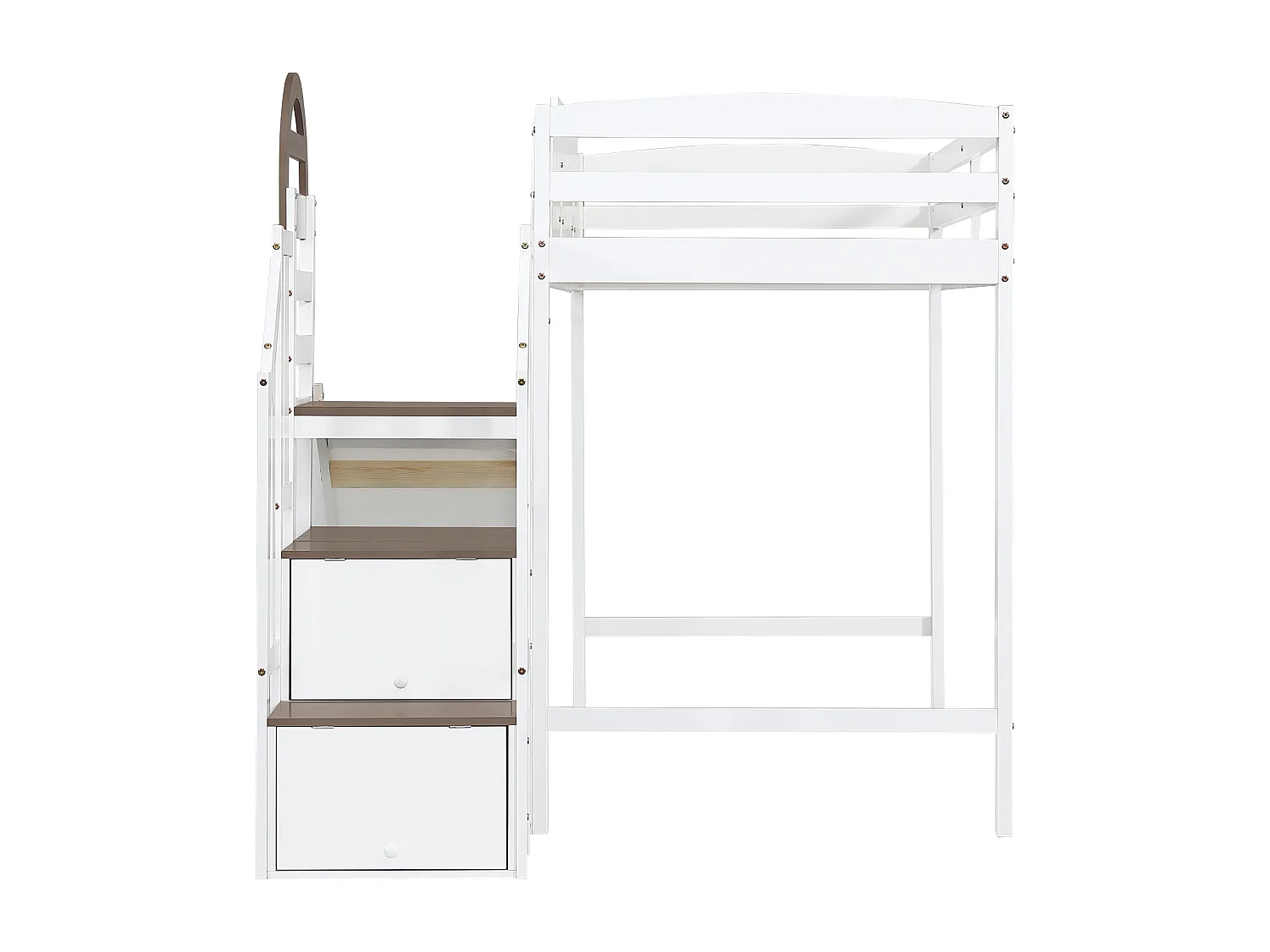 Lit mezzanine 90x200cm - avec fenêtre - avec toboggan - escalier avec rampe - bois massif + MDF - blanc + marron