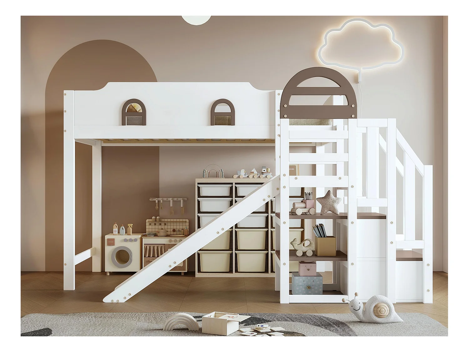 Hochbett 90x200 cm - mit Fenster - mit Rutsche - Treppe mit Geländer - Massivholz + MDF - weiß + braun