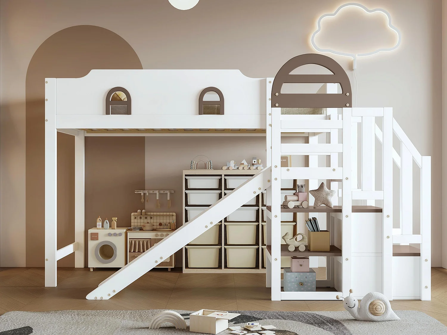 Hochbett 90x200 cm - mit Fenster - mit Rutsche - Treppe mit Geländer - Massivholz + MDF - weiß + braun