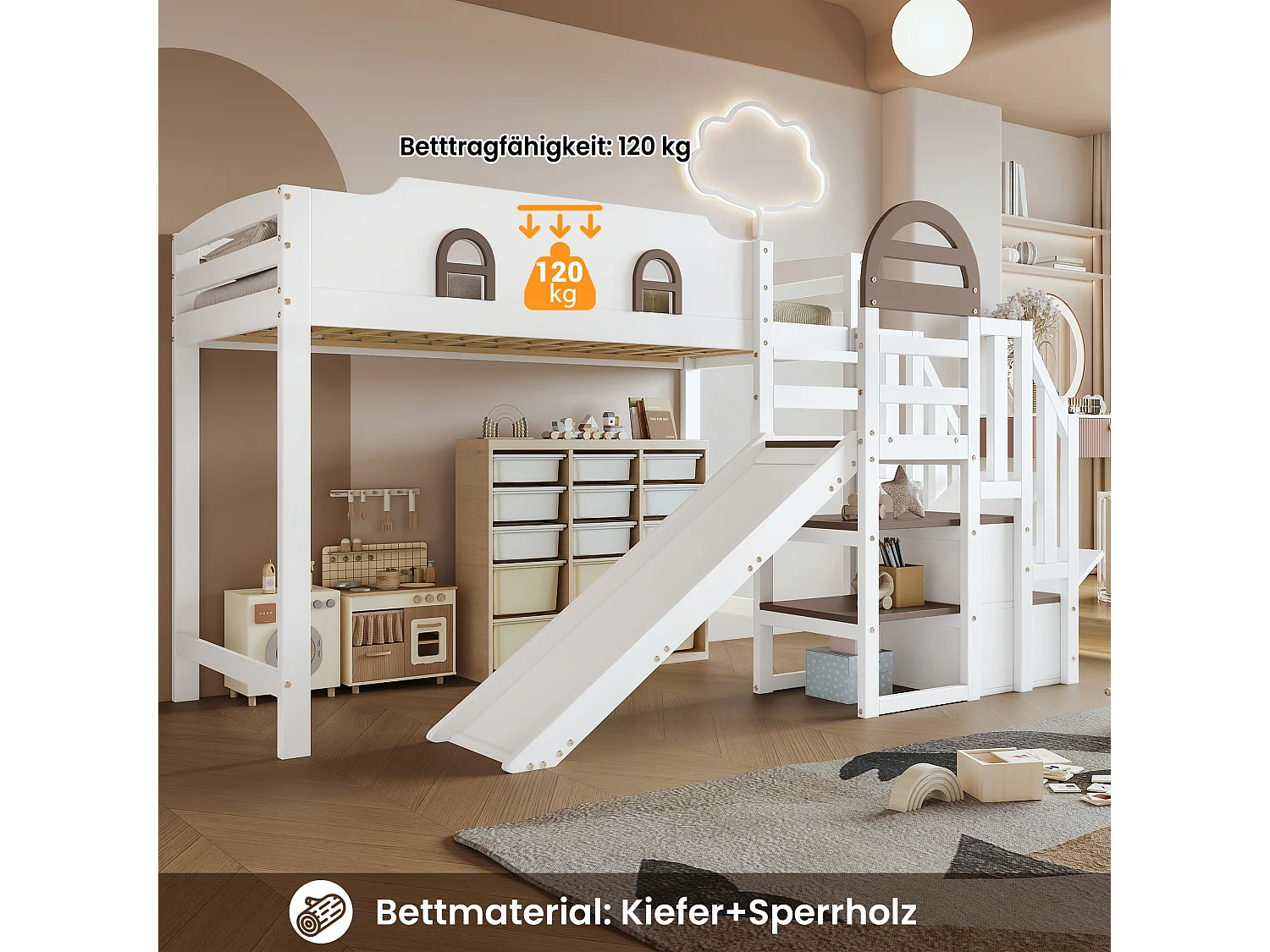 Hochbett 90x200 cm - mit Fenster - mit Rutsche - Treppe mit Geländer - Massivholz + MDF - weiß + braun