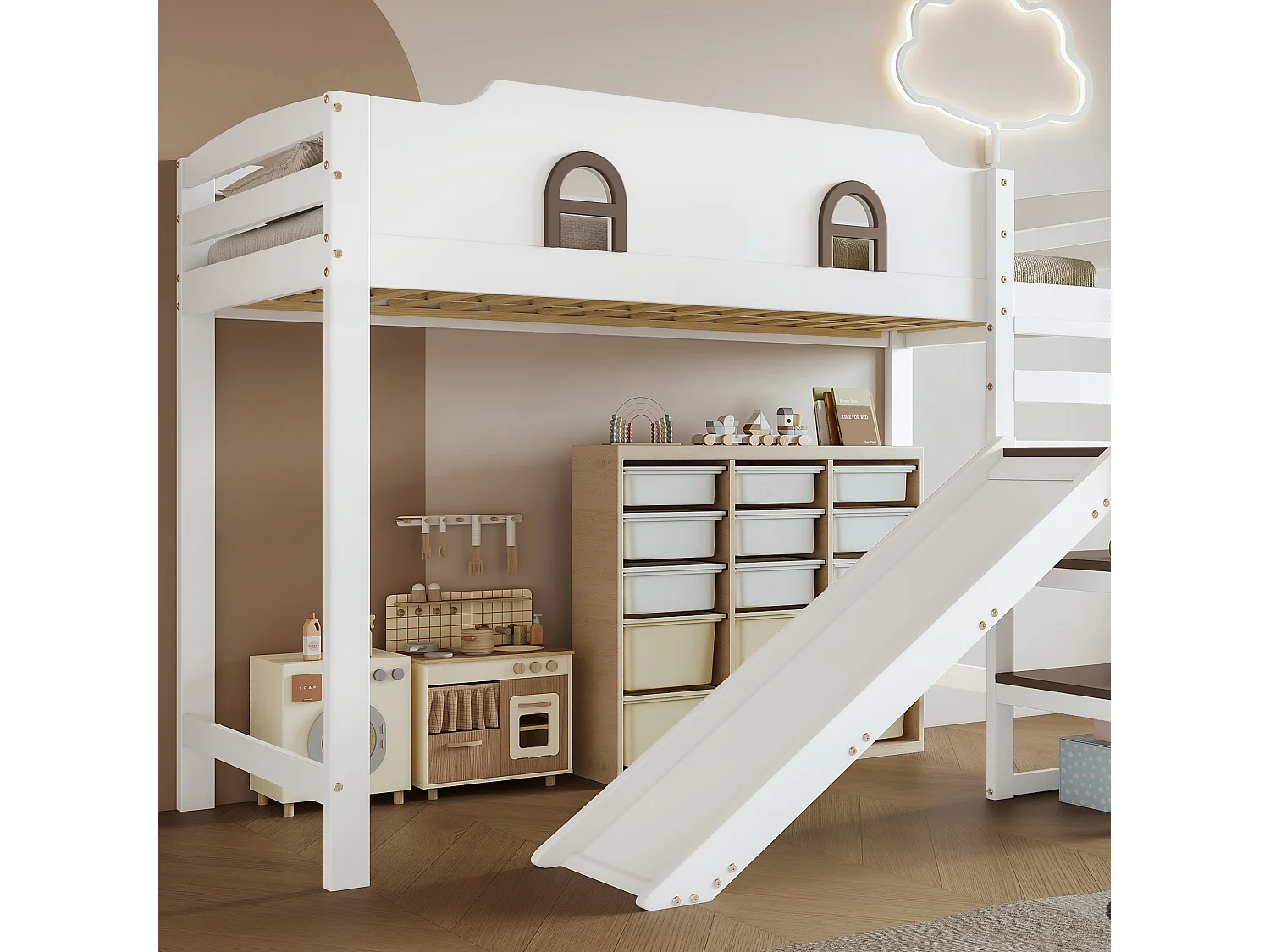 Hochbett 90x200 cm - mit Fenster - mit Rutsche - Treppe mit Geländer - Massivholz + MDF - weiß + braun