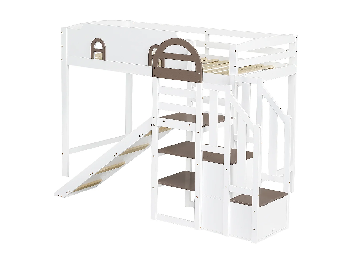 Hochbett 90x200 cm - mit Fenster - mit Rutsche - Treppe mit Geländer - Massivholz + MDF - weiß + braun