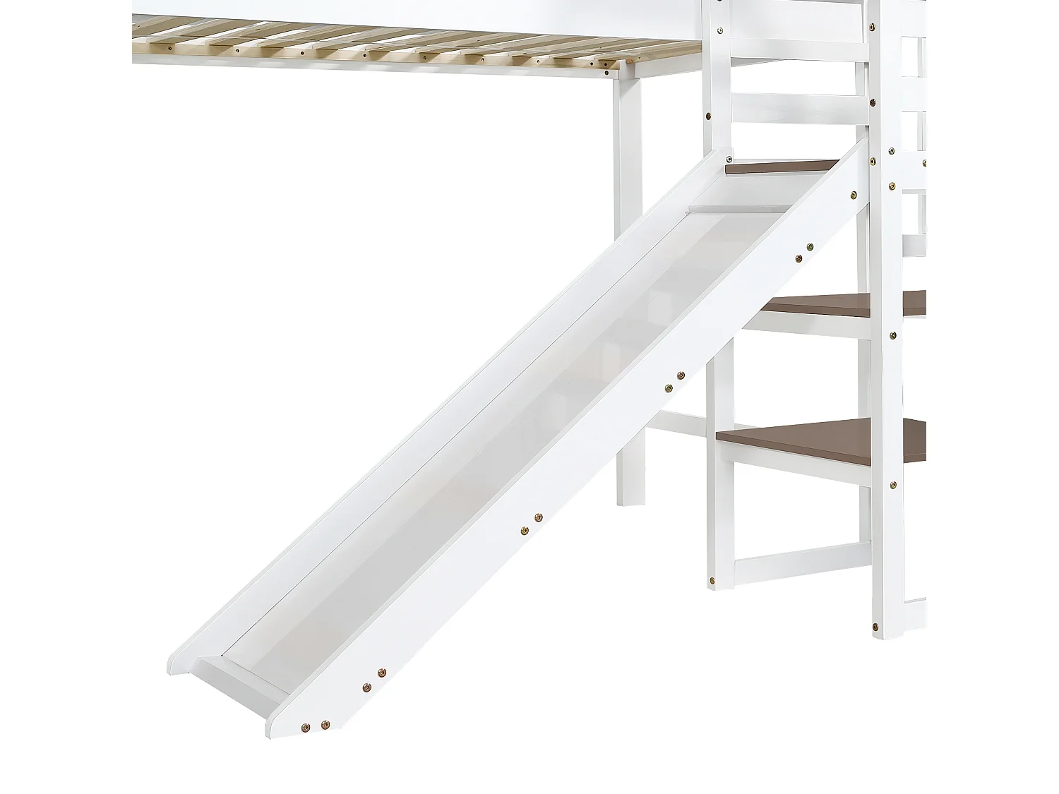 Hochbett 90x200 cm - mit Fenster - mit Rutsche - Treppe mit Geländer - Massivholz + MDF - weiß + braun