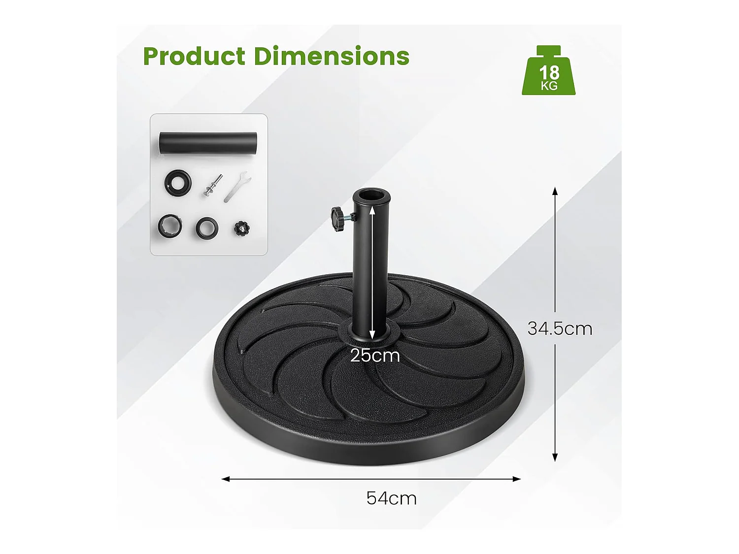 Parasolstandaard, 18 kg, ronde parasolstandaard voor parasolstangen van 38/48 mm, Ø 54 cm, marktparaplustandaard, parasolvoet voor tuin, balkon