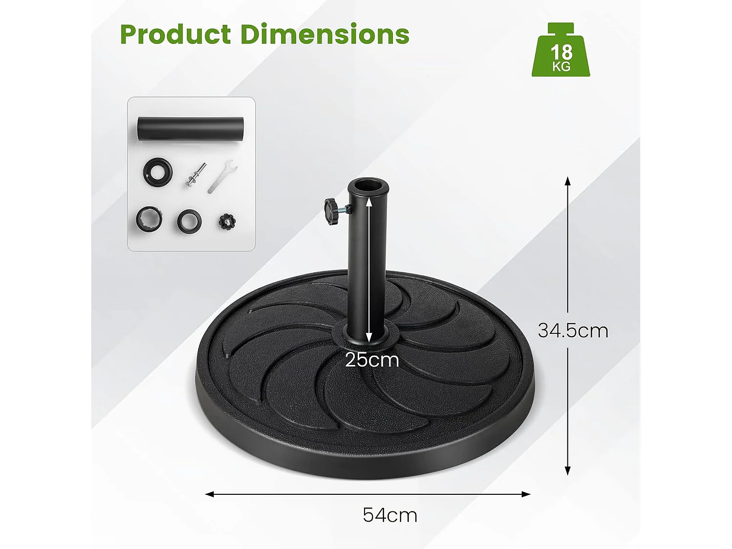 Parasolstandaard, 18 kg, ronde parasolstandaard voor parasolstangen van 38/48 mm, Ø 54 cm, marktparaplustandaard, parasolvoet voor tuin, balkon