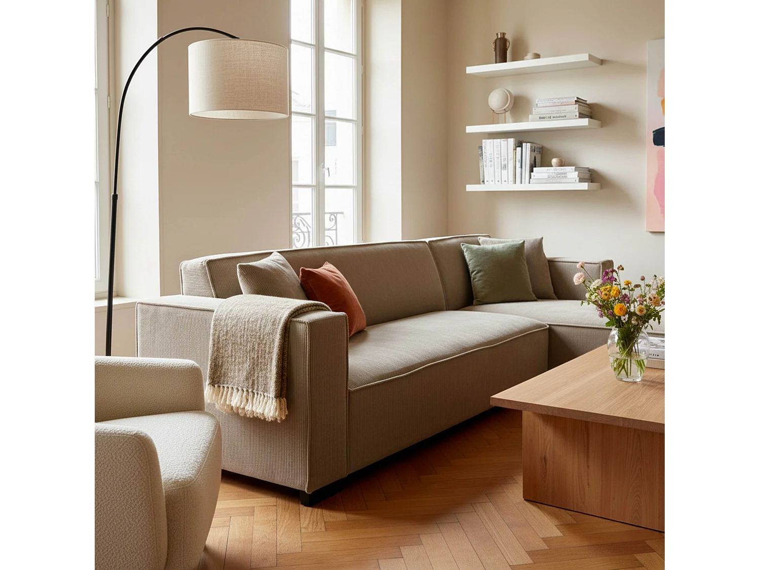 Canapé d'angle droit 3 places droite taupe L 247 cm