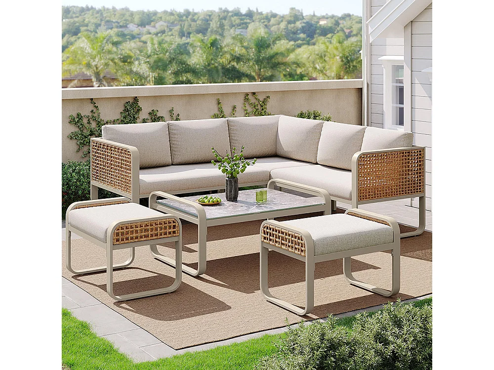 Salon de jardin pour 6-7 personnes, avec structure en fer galvanisé, pieds réglables, y compris tous les sièges et coussins,beige