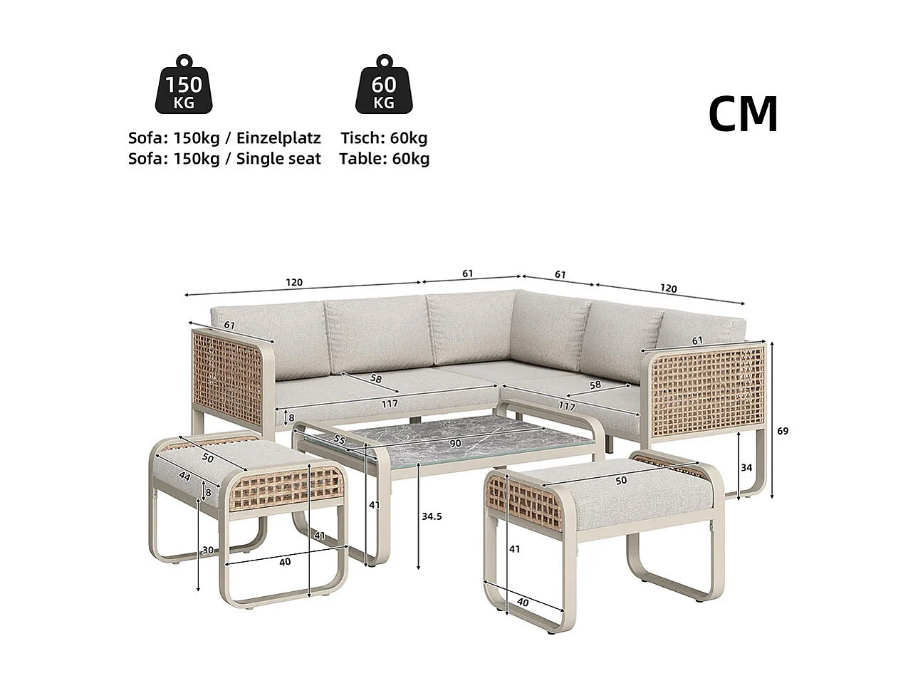 Salon de jardin pour 6-7 personnes, avec structure en fer galvanisé, pieds réglables, y compris tous les sièges et coussins,beige