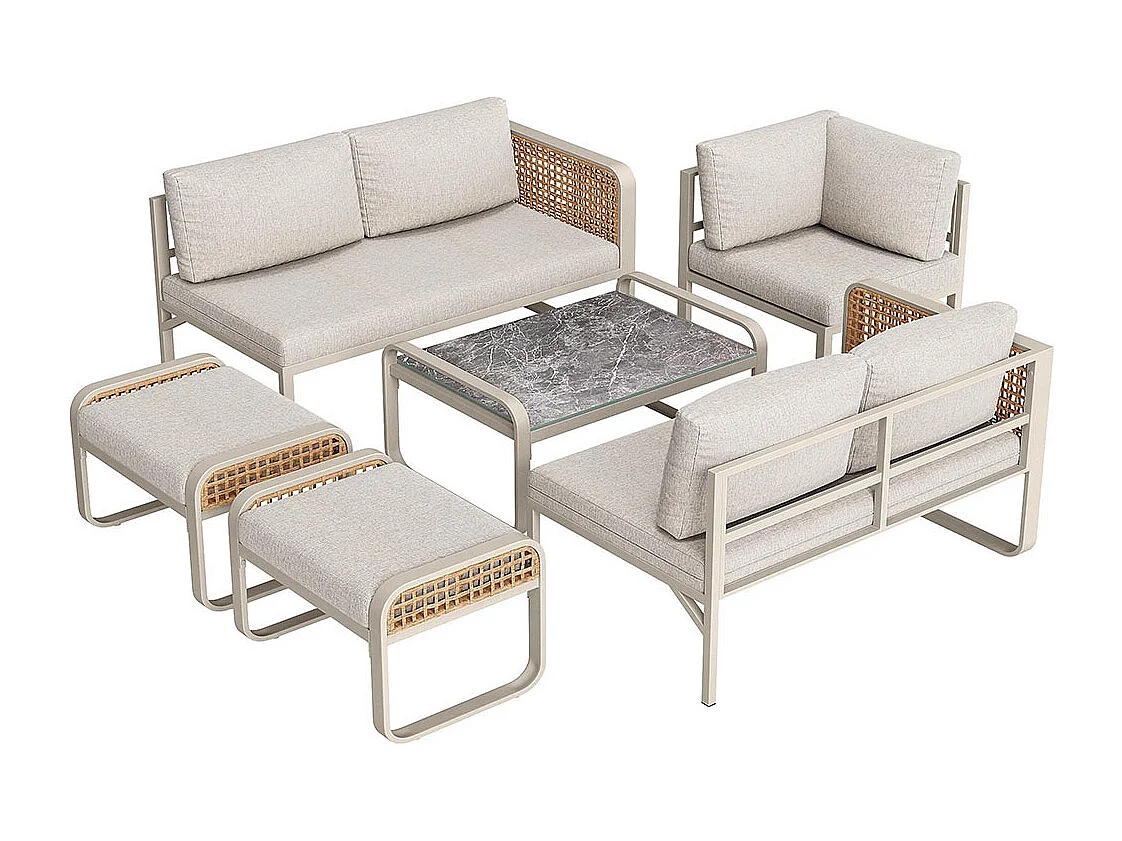 Salon de jardin pour 6-7 personnes, avec structure en fer galvanisé, pieds réglables, y compris tous les sièges et coussins,beige