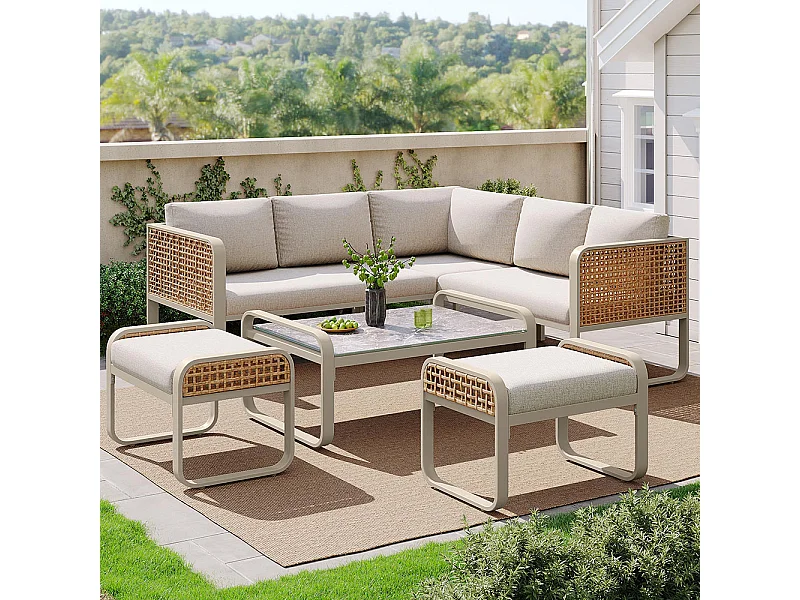 Salon de jardin pour 6-7 personnes, avec structure en fer galvanisé, pieds réglables, y compris tous les sièges et coussins,beige