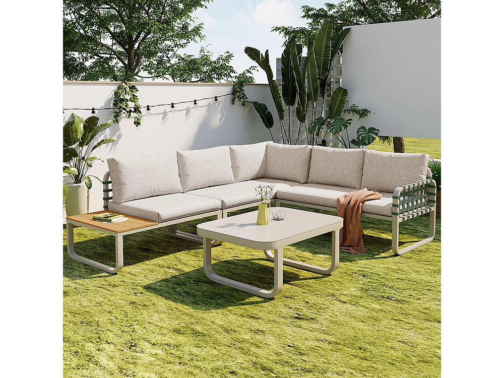 Ensemble de meubles de jardin en rotin en cuir vert (4-5 places), y compris tous les coussins d'assise et les coussins, couleur abricot