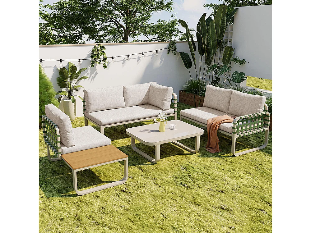 Ensemble de meubles de jardin en rotin en cuir vert (4-5 places), y compris tous les coussins d'assise et les coussins, couleur abricot