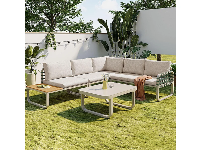 Ensemble de meubles de jardin en rotin en cuir vert (4-5 places), y compris tous les coussins d'assise et les coussins, couleur abricot