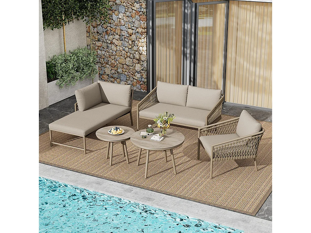 Set di mobili da giardino con corde intrecciate a mano, compresi tutti i cuscini di seduta e di schienale, colore kaki