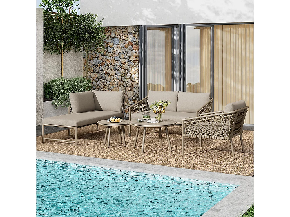 Set di mobili da giardino con corde intrecciate a mano, compresi tutti i cuscini di seduta e di schienale, colore kaki