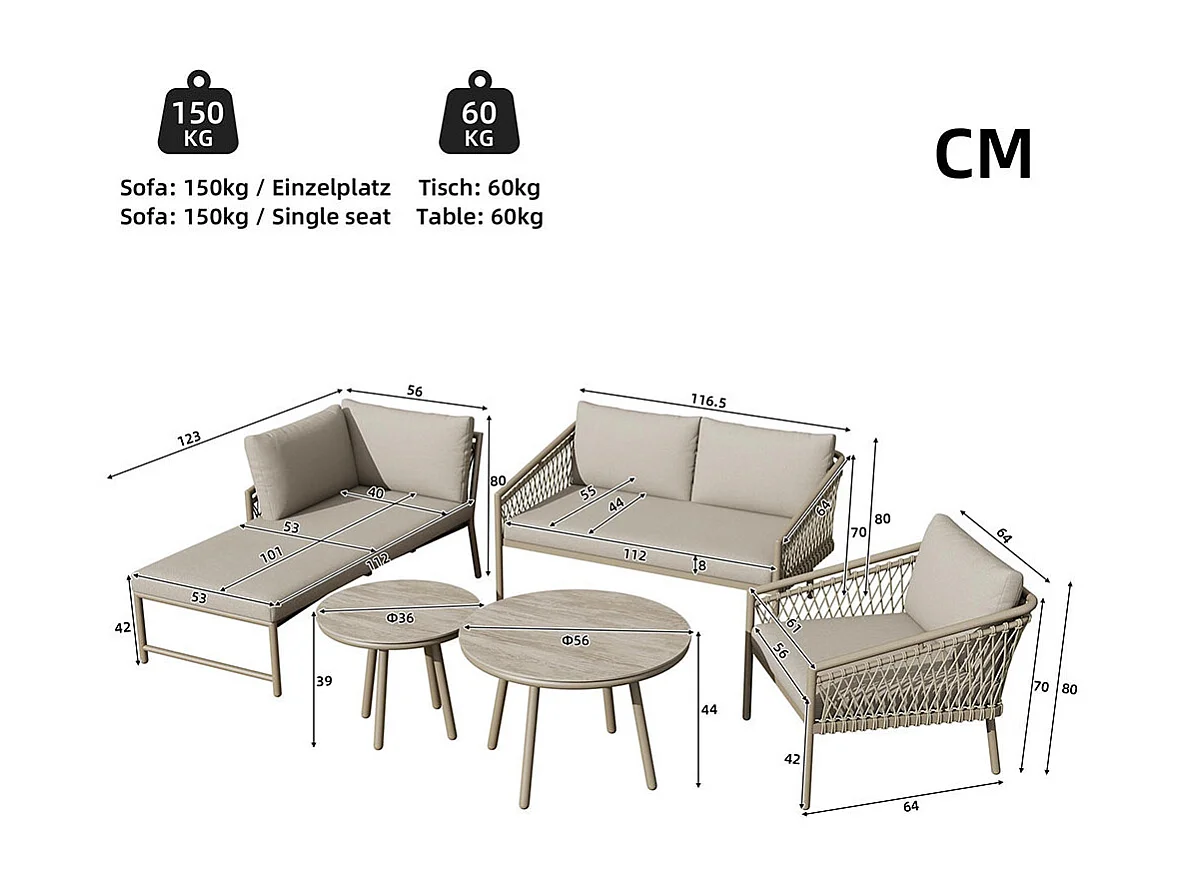 Set di mobili da giardino con corde intrecciate a mano, compresi tutti i cuscini di seduta e di schienale, colore kaki