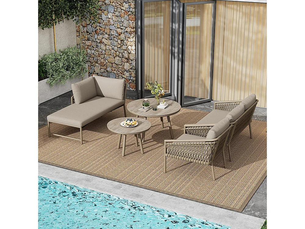 Set di mobili da giardino con corde intrecciate a mano, compresi tutti i cuscini di seduta e di schienale, colore kaki