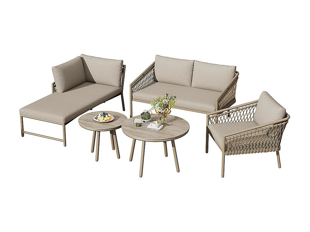 Set di mobili da giardino con corde intrecciate a mano, compresi tutti i cuscini di seduta e di schienale, colore kaki