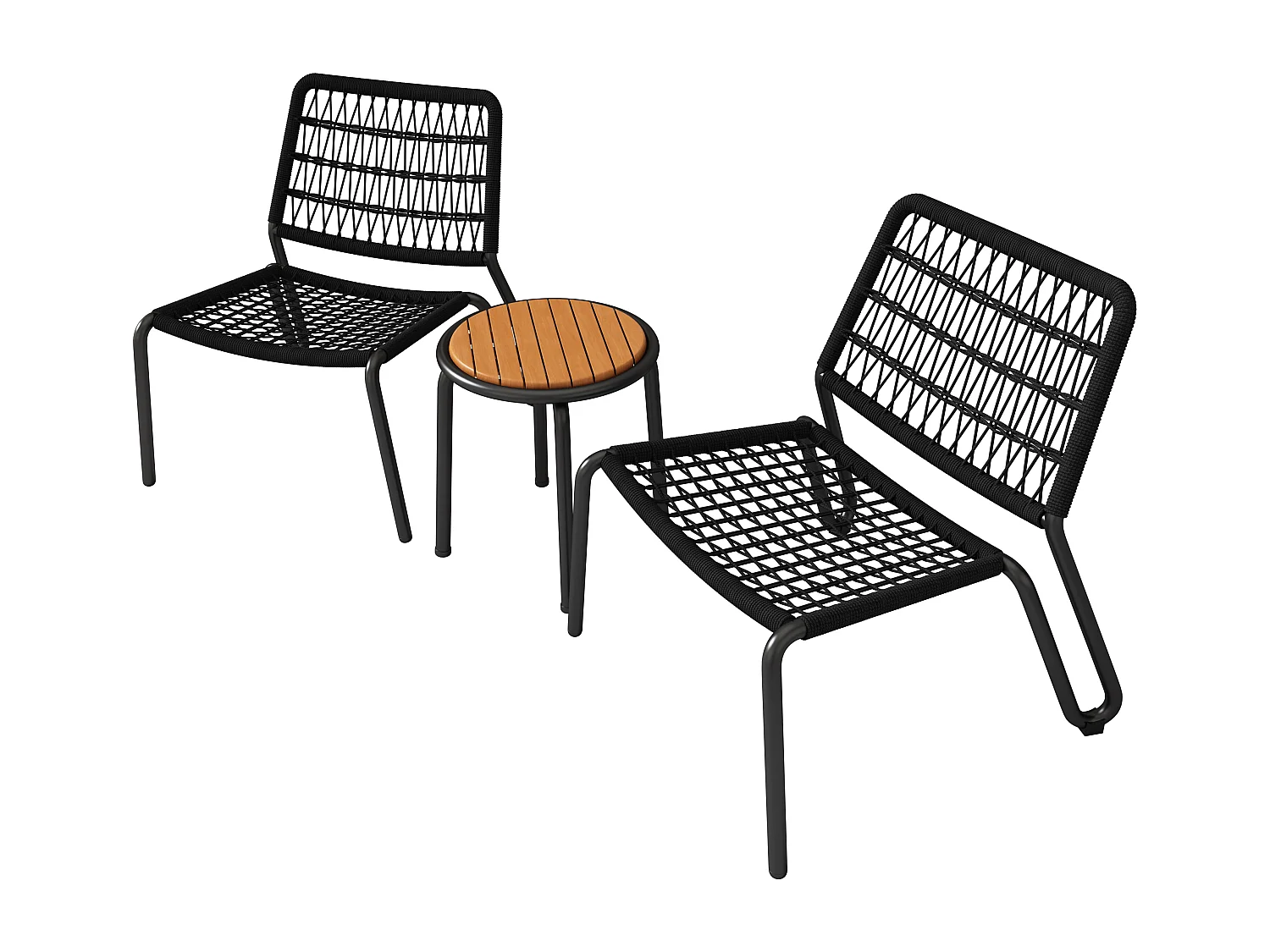 Conjunto de mobiliário de varanda, aço galvanizado e corda tecida à mão, tampo de mesa em madeira maciça, preto